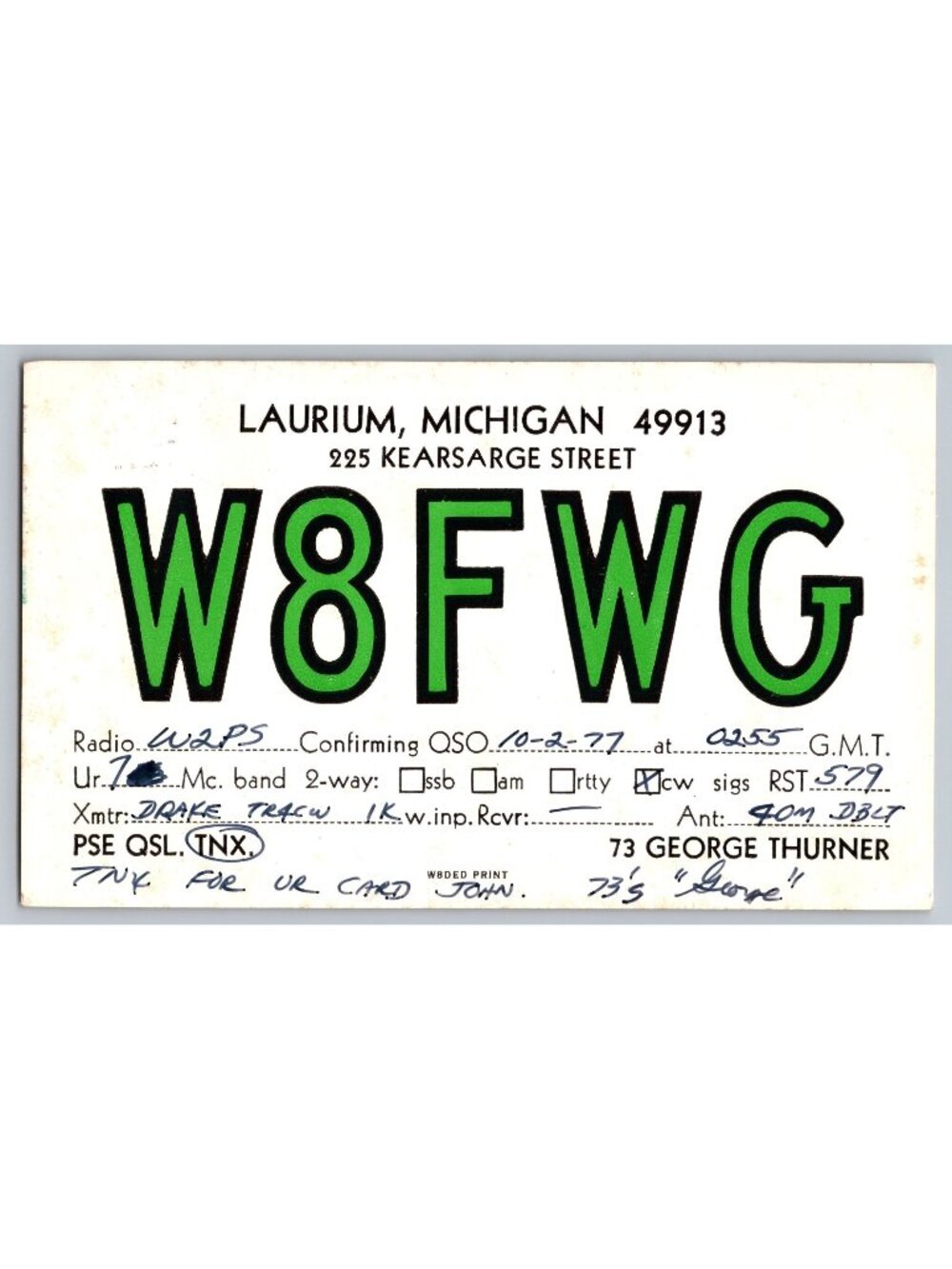 1977 Ham Radio QSL Card W8FWG George Thurner Laurium Michigan W2PS
